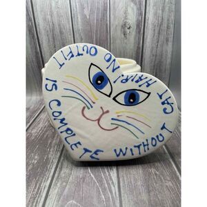 Vintage Sari Hand Painted Kitty Cat Ceramic Heart Candy Dish Lid‎ White 5"x7.25"
